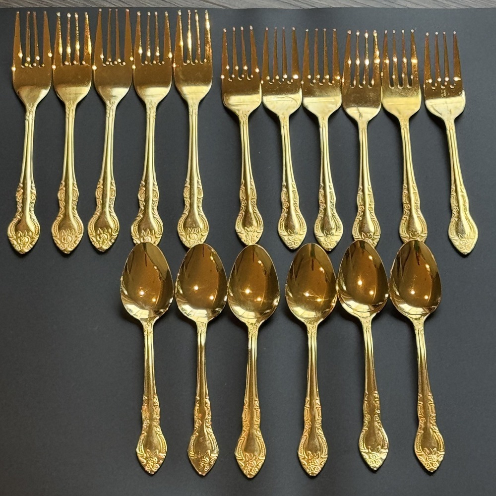 Vintage lot of 17 Wm. Rogers & Son "Enchanted Rose" Gold Tone Flatware Set